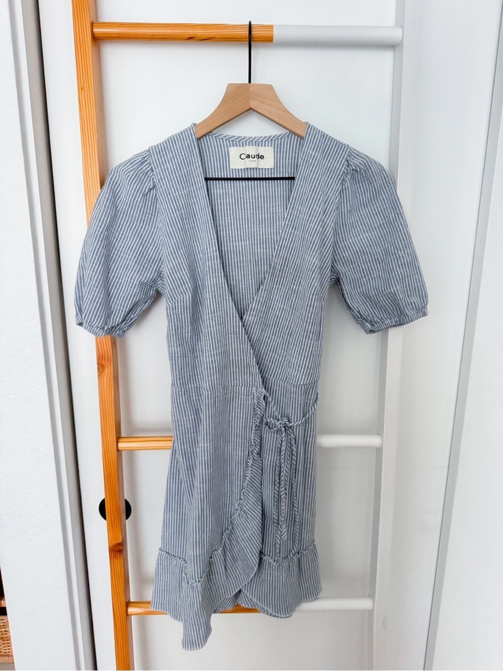Claude Tulum Emilia Stripe Tie Wrap Minu Dress White Blue  Cotton